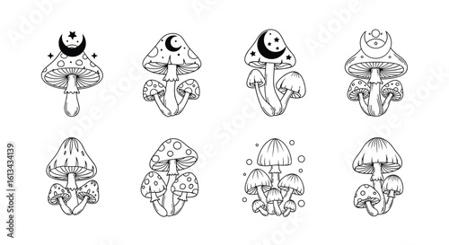 Illustrations of ancient amulets featuring celestial symbols and intricate decorative elements in a monochromatic style
