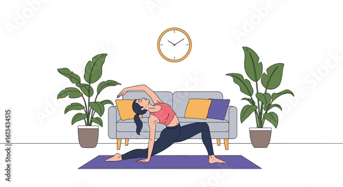 Yoga practice at home enjoying a serene and peaceful atmosphere with lush green plants and comfortable furniture as a healthy lifestyle choice