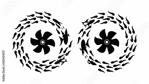 Two circular arrangements of fish swimming around a central propeller like flower design in black and white silhouette