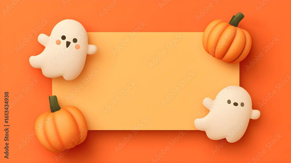 Fototapeta premium Cute ghost and pumpkin frame template with orange gradient background, modern Halloween design