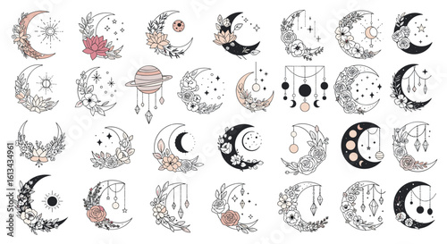 Enchanting celestial moon illustrations featuring floral and botanical accents for mystical designs