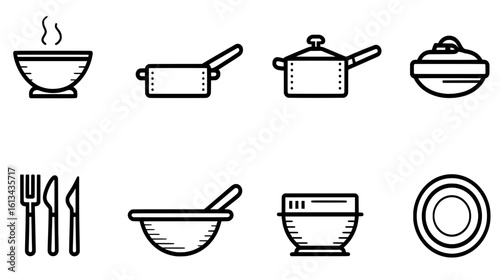 set line icons, Collection of kitchen utensils including bowls, pots, and cutlery, designed in minimalist style, showcasing essential cooking tools for culinary enthusiasts and home chefs