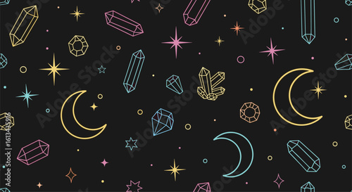 Cosmic night sky celestial dreams sparkly stars crescent moons gemstones magical mystical universe fantasy glow ethereal wonder