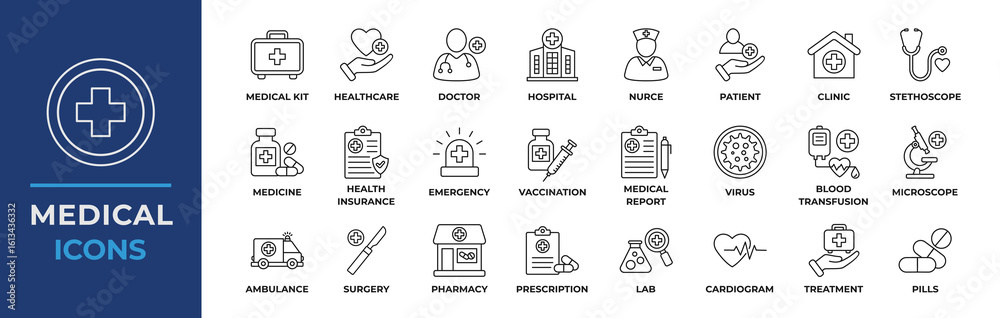Fototapeta premium Medical Line Icon Collection Set. Containing doctor, medicine, hospital, treatment, healthcare, nurse, pills, clinic and more. Simple Line Vector Illustration. 