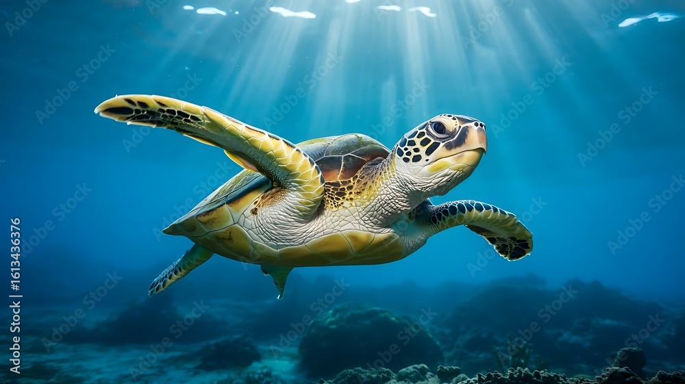 Obraz premium A majestic sea turtle gracefully glides through the crystalclear ocean waters, bathed in the radiant sunlight