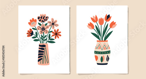Two abstract botanical vases featuring whimsical flower arrangements in a modern mid-century style palette