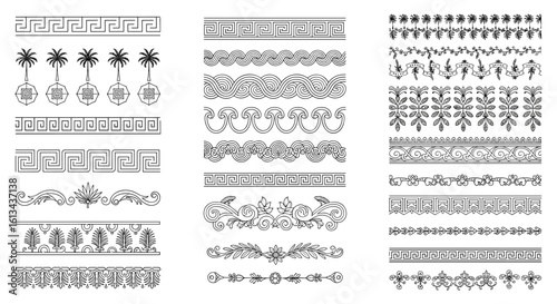 Collection of decorative line art borders and ornaments for design projects offering visual embellishment and aesthetic appeal