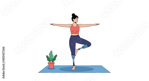 Young woman practicing yoga in a tree pose on a mat with a plant nearby demonstrating balance and flexibility during a healthy lifestyle activity
