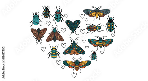 An artistic assemblage of diverse insects forming a heart shape with intricate details and vibrant colors