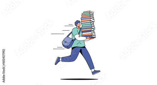 Illustrating a person running with a large stack of books and papers in their arms while carrying a bag over their shoulder