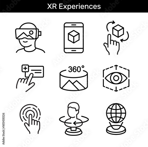 XR experiences outline icon set with AR, VR, 3D interaction, panoramic view, touch and eye tracking