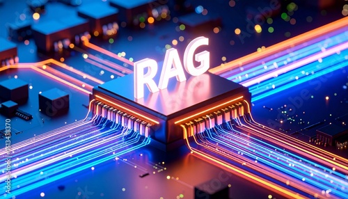 3D concept of RAG pipeline into AI chip with glowing documents, rendered in cyberpunk tones and glowing 