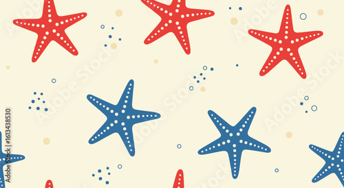 Charming seamless pattern of red and blue starfish adorning a sandy beach background with tiny speckles evoking a nautical seaside ambiance