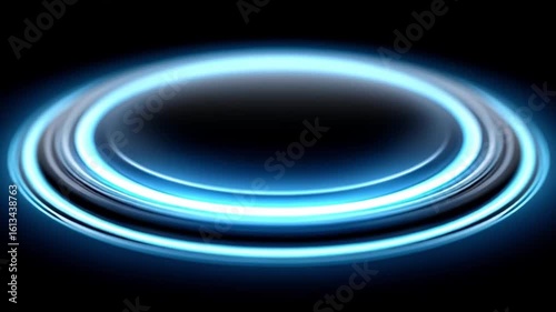 Glowing blue circular rings with smooth loops create futuristic technology hud effect featuring dynamic light trails and digital interface design evoking innovation and motion