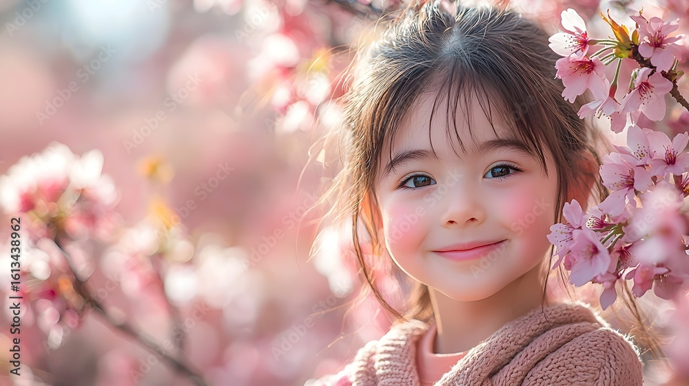 Fototapeta premium Joyful child embracing cherry blossoms with a radiant smile