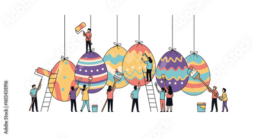 A collective effort to decorate enormous easter eggs with joyful patterns and colors