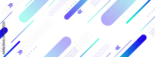 Modern abstract background with dynamic blue and purple geometric shapes and digital confetti elements.