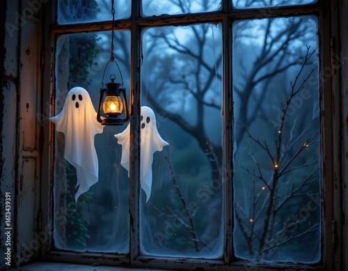 Haunting ghostly figures in vintage window abandoned house mysterious atmosphere nighttime eerie serenity