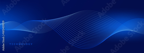Abstract blue technology background with flowing wavy lines resembling a stream of digital confetti, representing data flow and connectivity.