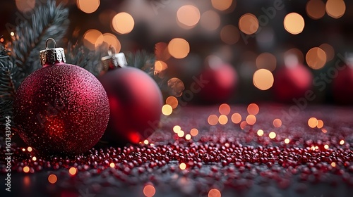 Festive red ornaments on a glittering holiday background