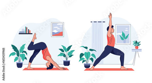Two people practicing yoga poses at home with plants and furniture creating a serene and healthy atmosphere