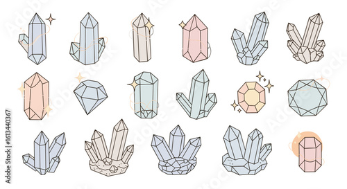 A collection of various gemstones and crystal formations in pale pastel colors