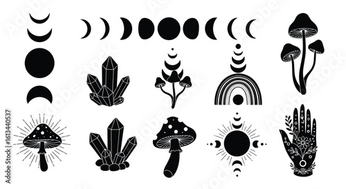 Mystical celestial and natural elements collection featuring moon phases crystals mushrooms rainbows and esoteric symbols for artistic design projects
