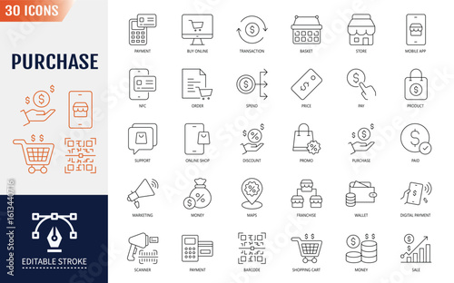 Purchase Line Editable Icons set. Containing order, seller, buy online, price, and more. Vector illustration