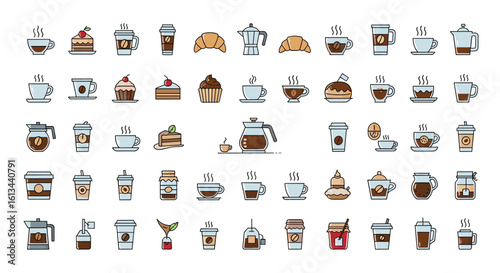 Collection of delicious coffee shop food and drink icons representing a breakfast menu