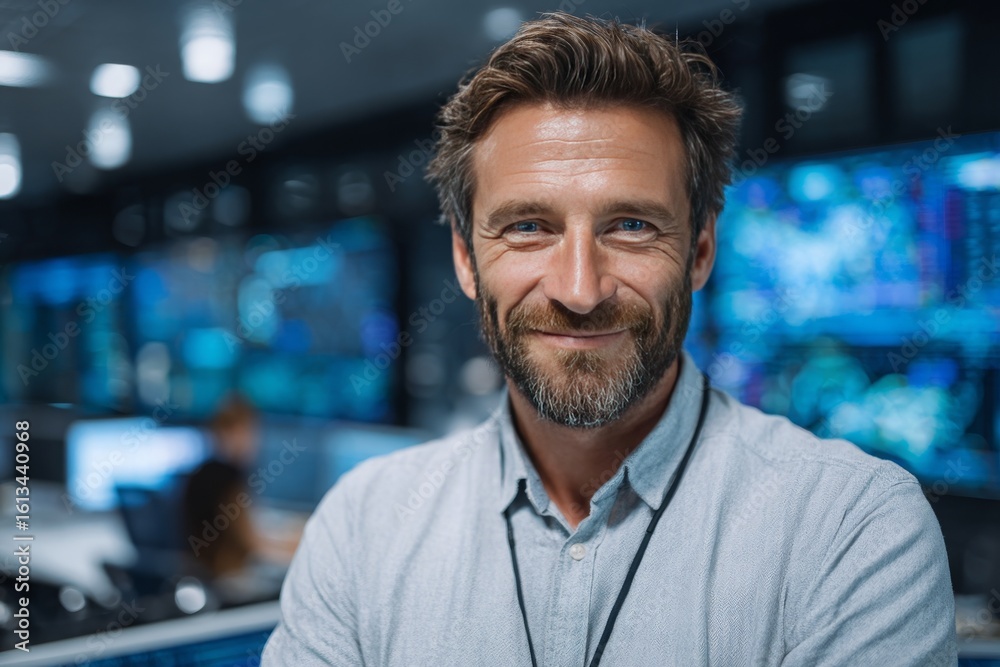 Fototapeta premium security management specialist smiling into the camera in a modern office or control room, digital security dashboards or surveillance monitors in the background, 16:9