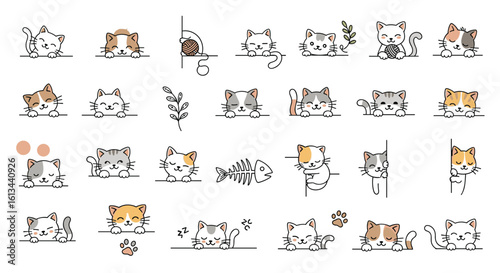 A charming collection of adorable and playful cartoon kittens peeking and pouncing with delightful expressions