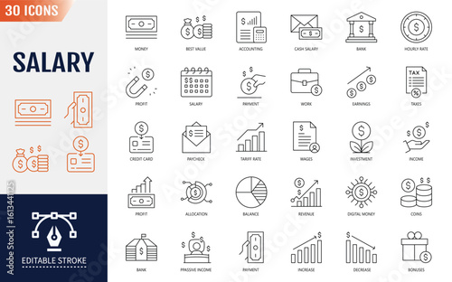 Salary Line Editable Icons set. Containing taxes, accounting, cash, and more. Vector illustration