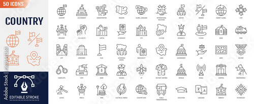 Country Line Editable Icons set. Containing territory, nation, government, and more. Vector illustration