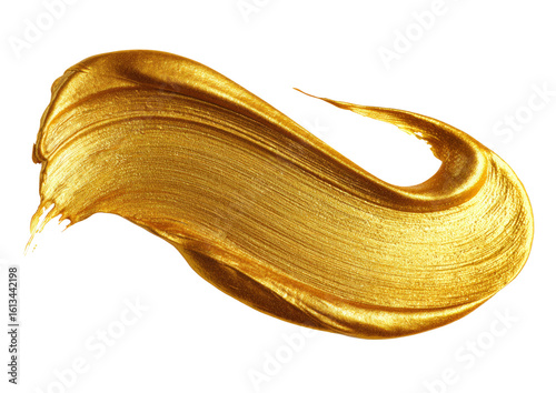 Abstract golden paint stroke with a rich, metallic texture. A luxurious smear of liquid gold acrylic isolated on a white background.