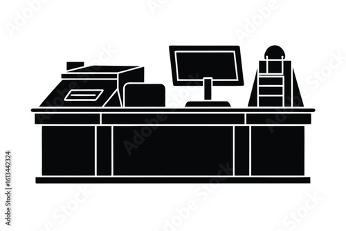 Thanksgiving vector art of a black and white illustration of a retail counter with a cash register and computer
