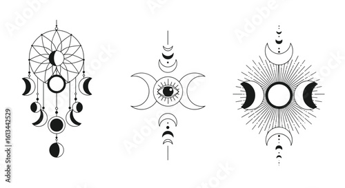 Celestial moon phases mystical geometric art with sacred symbols for spiritual enlightenment and cosmic connection