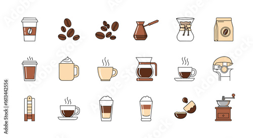 Collection of pixel art icons representing coffee beans drinks and preparation equipment