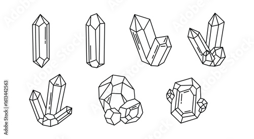 Collection of diverse geometric crystalline structures and mineral formations showing sharp edges and facets in outline drawings