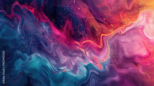 Abstract swirling nebula of vibrant pink, teal, and orange hues, speckled with gold glitter, creating a dynamic and luminous cosmic effect