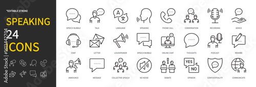 Speaking icon set. Speech bubble, talk, language, speaking, loudspeaker, online chat, message, collective speech, opinion, communicate, podcast, letter, etc. Vector illustration. Editable stroke.