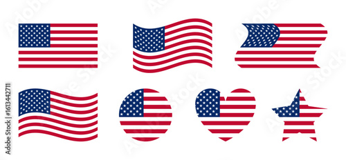 U.S. flag vector set. USA flags isolated on a white background. National flag of America. Banner of different shapes for holidays: Independence Day, July 4th, Memorial Day. Flat design.