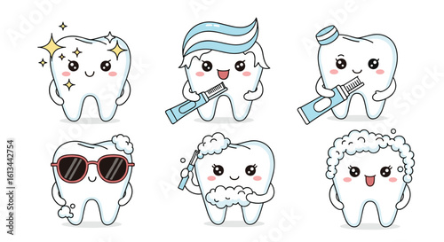 Adorable kawaii smiling teeth characters with various expressions and accessories representing dental health and hygiene fun activities