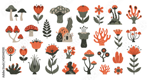 A whimsical collection of pixelated fungi and exotic floral illustrations