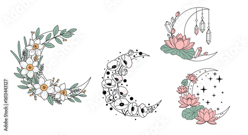Artistic crescent moons adorned with delicate floral arrangements and botanical elements