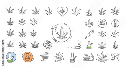 Collection of cannabis leaf and scientific laboratory icons representing research cultivation and testing of marijuana products