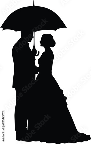 Silhouette of romantic couple standing under umbrella, sharing moment of love and closeness
