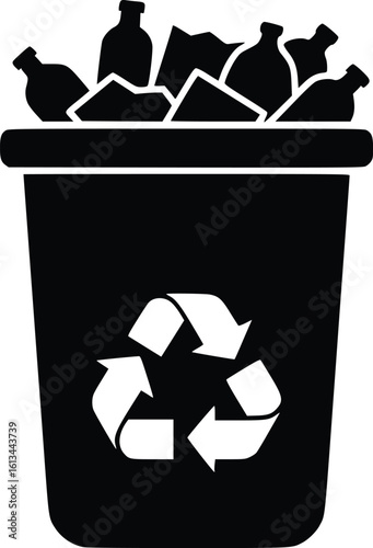 Silhouette of a recycling bin with universal recycle symbol and recyclable waste inside