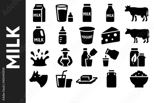 Milk Icon Collection: Dairy, Nutrition, and Beverage Silhouettes