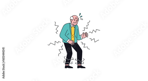 An older gentleman experiencing a sudden electric shock or intense feeling of surprise and discomfort