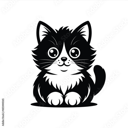 Adorable fluffy black and white kitten illustration